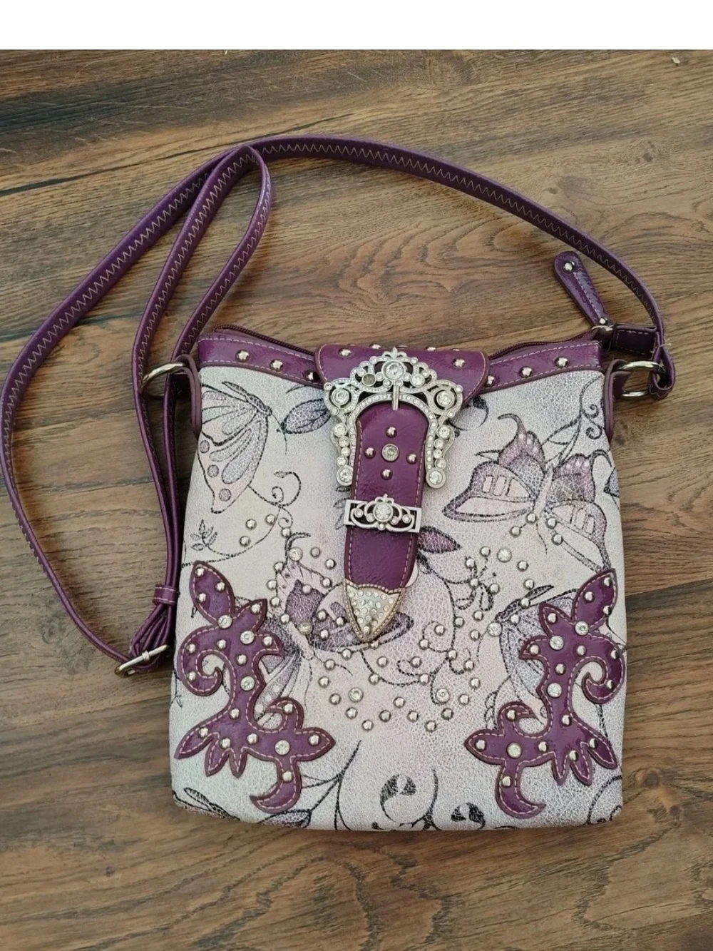 Boho Purple Floral Embellished Crossbody Bag with Matching Wallet
